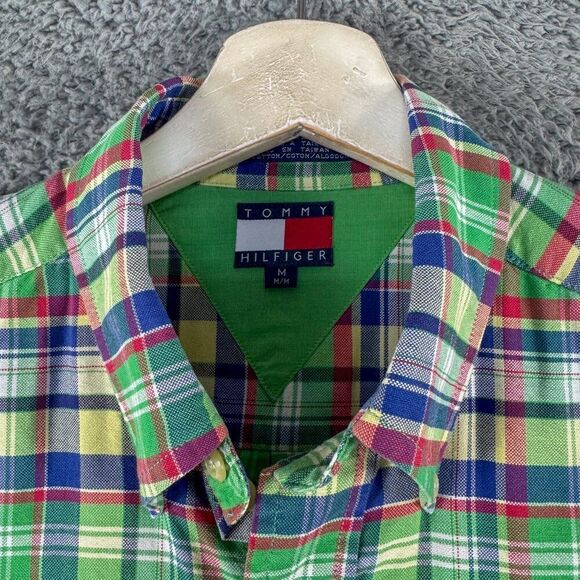 Vintage Tommy Hilfiger Shirt Mens Medium Green Plaid Crest 90s Y2K Camp Casual - Picture 4 of 13